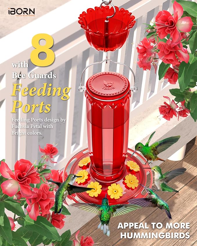 iBorn Hummingbird Feeder for Outdoors Hanging with Ant Moat for Hummingbird Feeder 8 Ports for 16oz Hummingbird Nectar, Pack of 2, Red Bottle Red Base & Fuchsia Bottle Fuchsia Base