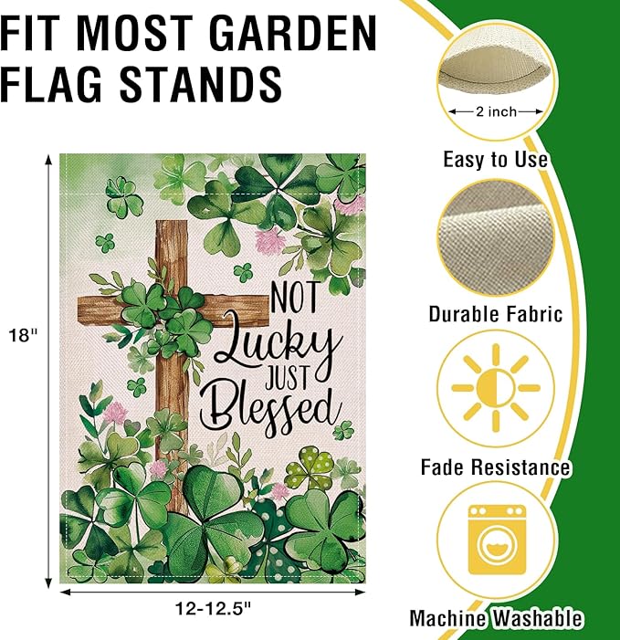 Artofy Christian St Patricks Day Small Decorative Garden Flag, Religious Cross Shamrock Clover Not Lucky Just Blessed Yard Outside Decor, Irish Spring Outdoor Home Decoration Double Sided 12 x 18