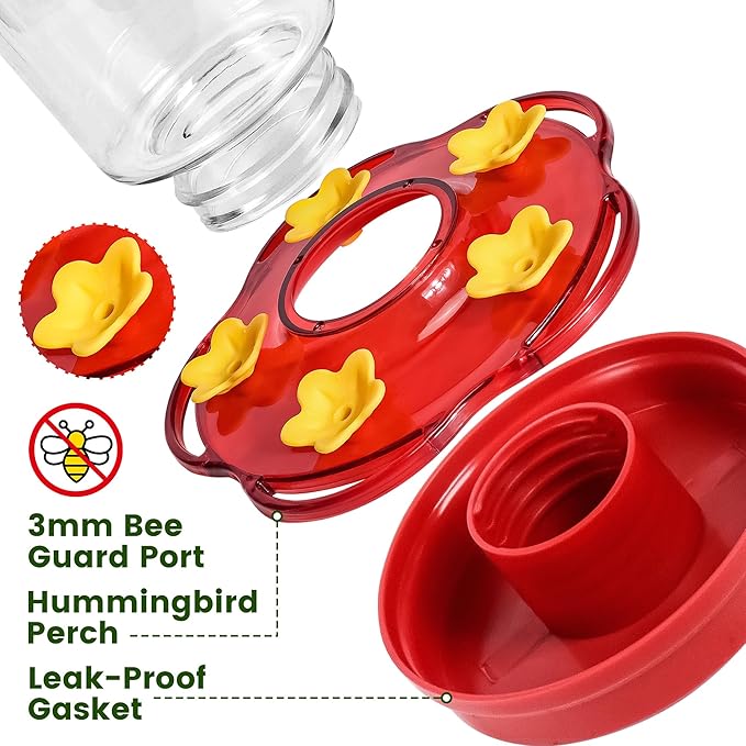 Plastic Hummingbird Feeders for Outdoors Hanging Ant and Bee Proof, 2 Pack 15 Ounces Red Hummingbird Feeder with 5 Feeding Ports and Perches, Built-in Ant Moat, Outside Garden Décor (Plastic, 2)