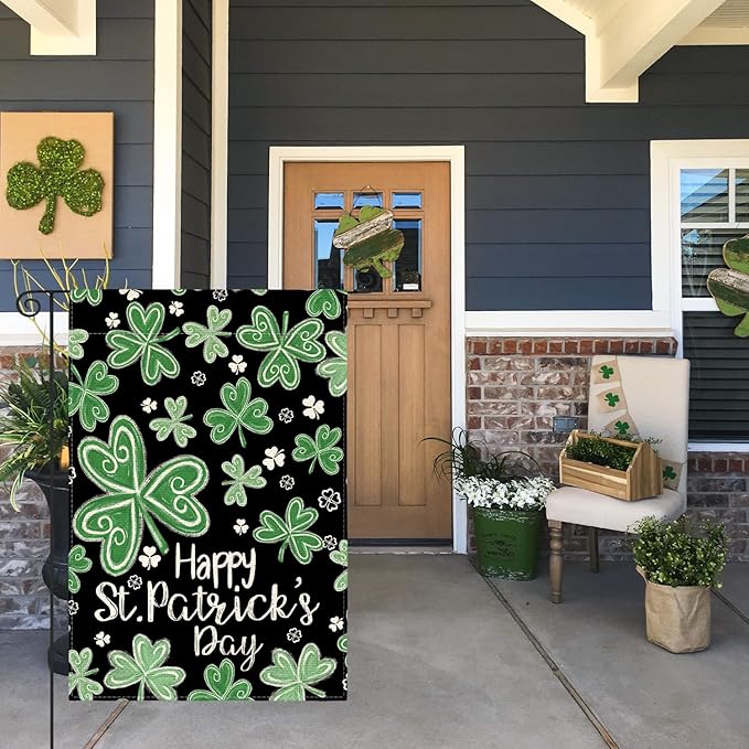 AVOIN colorlife Happy St Patricks Day Garden Flag 12x18 Inch Double Sided Outside, Shamrock Lucky Clover Floral Yard Outdoor Flag