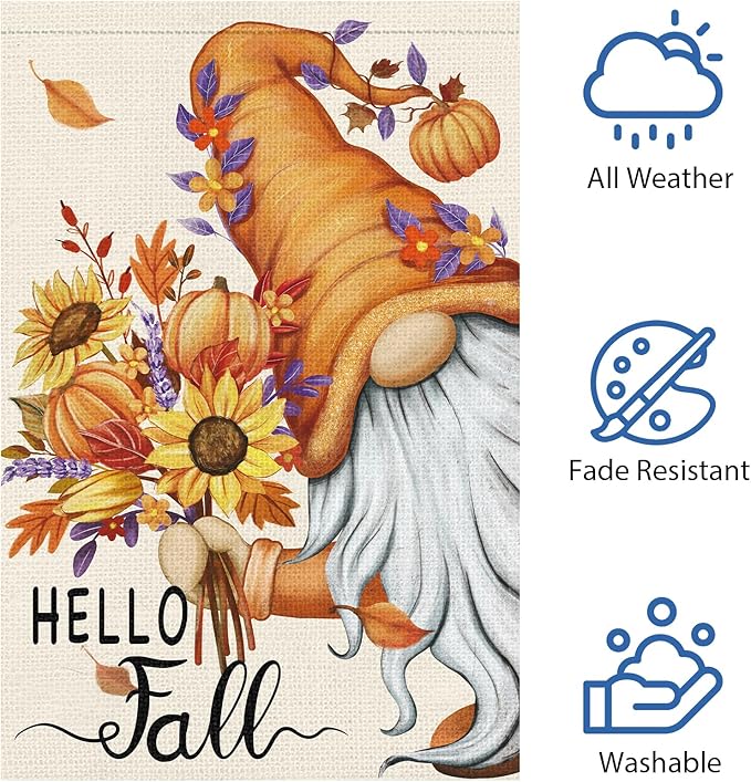 Hello Fall Gnome Garden Flag 12x18 Double Sided Burlap, Pumpkin Sunflower Garden Yard Flags for Thanksgiving Rustic Seasonal Outside Outdoor House Decoration (ONLY FLAG)