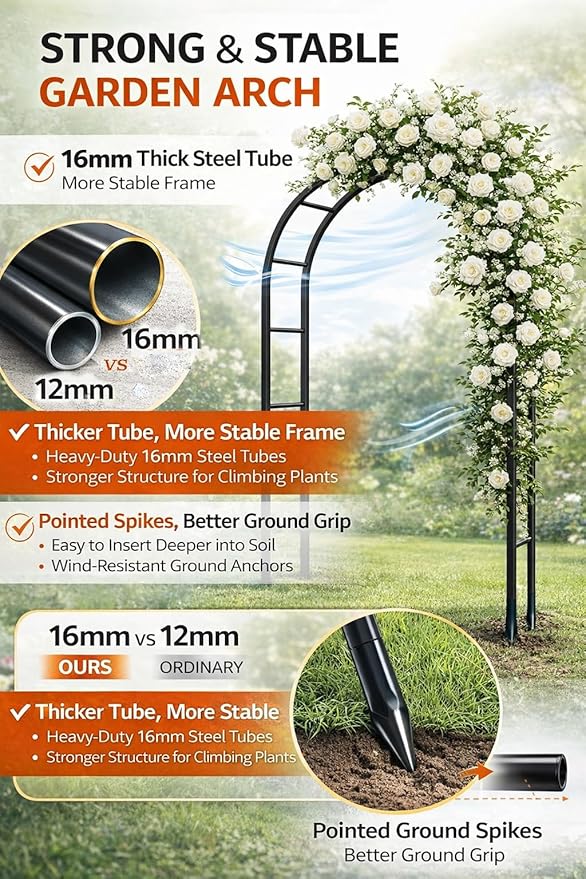 Thickened Tube Garden Arch,7.3ft Heavy-Duty Metal with 16mm Steel Tubes & 0.5mm Thickened Wall, Durable Outdoor Trellis for Climbing Plants,Roses,Garden Party,Ceremony & Decorations (Black)