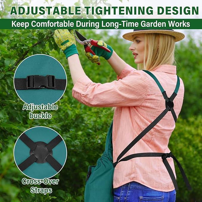 Garden Apron, Gardening Apron with Pockets for Women Men, Canvas Cross Back Harvest Aprons with & Internal Drawstring Bag