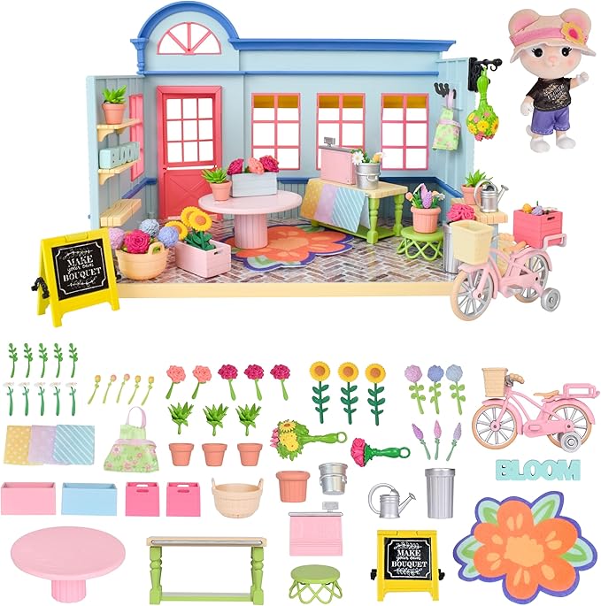 Honey Bee Acres in Bloom Flower Shop, Complete Dollhouse with Miniature Doll Figure, 59 Pieces