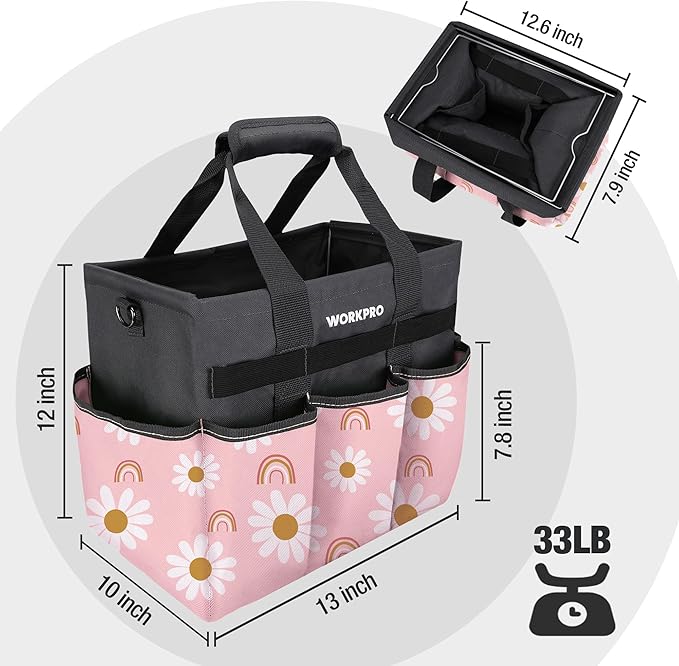 WORKPRO Garden Tool Bag Organizer, Heavy Duty Gardening Tote Bag with 10 Pockets and Long Adjustable Shoulder Strap, Standable Garden Home Tool Kits Organizer, Floral Pink (Tools are not included)