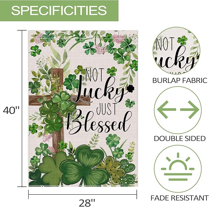 St Patricks Day Flag 28x40 Inch Double Sided Outside, Not Lucky Just Blessed Shamrocks Clovers Cross Burlap Flag Decorations Outdoor Yard Decor