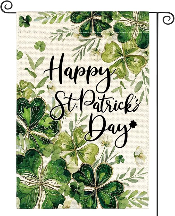 AVOIN colorlife Happy St Patricks Day Floral Garden Flag 12x18 Inch Double Sided Outside, Shamrock Lucky Clover Holiday Yard Outdoor Flag