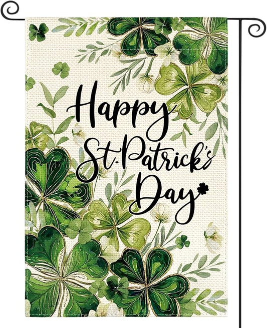 AVOIN colorlife Happy St Patricks Day Floral Garden Flag 12x18 Inch Double Sided Outside, Shamrock Lucky Clover Holiday Yard Outdoor Flag