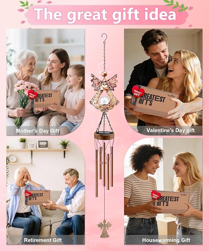 Solar Angel Wind Chimes for Outside: Melodious Mother's Day Birthday Gifts for Mom Women Grandma Her Wife - Weatherproof Metal Outdoor Decor Easy Hanging for Garden Patio Tree Window Memorial