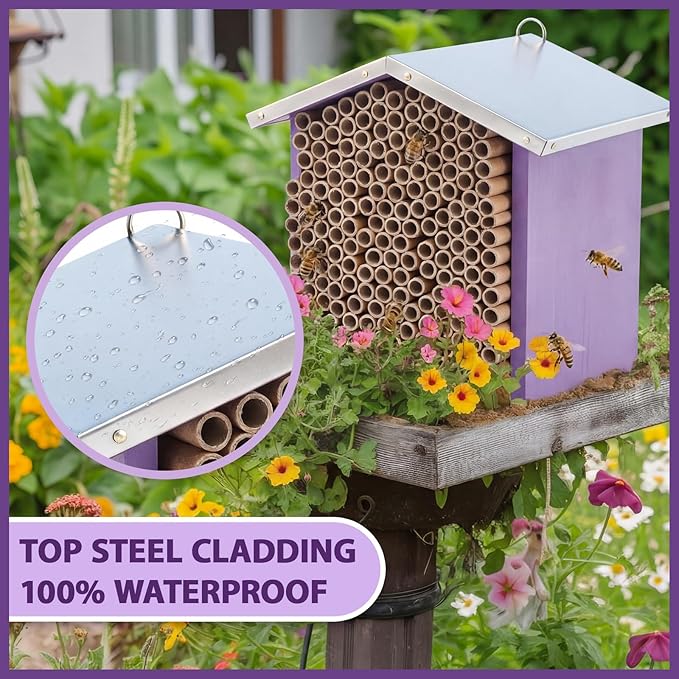 Vicenpal Mason Bee House with Tubes Native Bee Boxes Hive Wooden, Pollinator House Waterproof, Wax Coated Tall Insect Hotel, Butterfly, Ladybirds, Beneficial Insect Habitat, Bug Hotel Garden