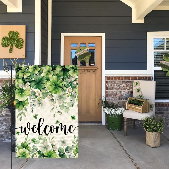 AVOIN colorlife St Patricks Day Floral Garden Flag 12x18 Inch Double Sided Outside, Shamrock Lucky Clover Welcome Yard Outdoor Flag