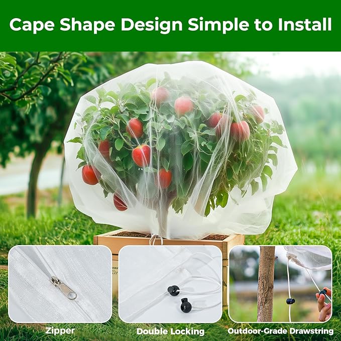 Fruit Tree Netting with Zipper & Drawstring - 10'x10' Garden Plant Net Pest Barrier to Prevent Cicadas Bird Squirrel Deer - Bug Protection for Blueberry Tomato with Fine Mesh Insect Cover (2 Pack)