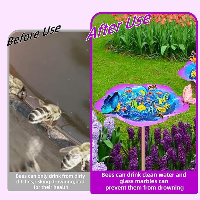 Bee Watering Station-Golden Purple Puddler Bee Bath & Feeder with Metal Stakes - 30 Glass Marbles, Vivid Flower Design, Garden Yard Decor (Purple-1PACK)