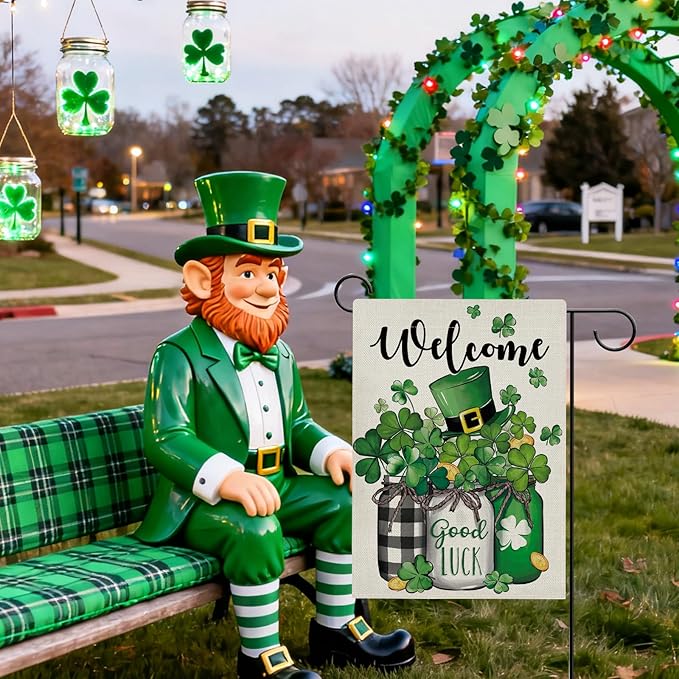 Hzppyz Welcome St Patricks Day Garden Flag Double Sided, Lucky Shamrock Clover Mason Jar Decorative Yard Outdoor Home Small Decor, Irish Spring Top Hat Gold Coin Burlap Outside House Decoration 12x18