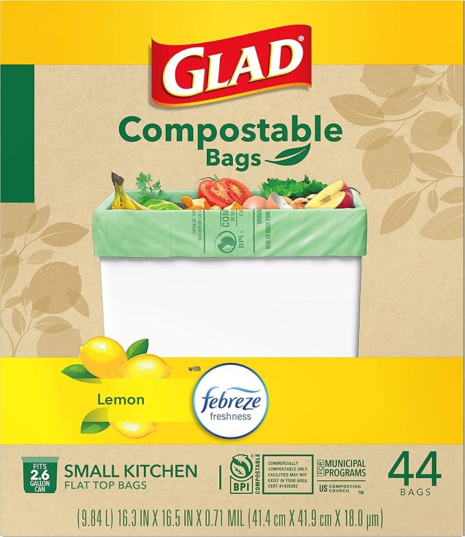 Glad Trash Bags, Kitchen Compost Bags 2.6 Gallon Garbage Bags, 100% Compostable Bag, Febreze Lemon, 44 Count (Package May Vary), Light Yellow