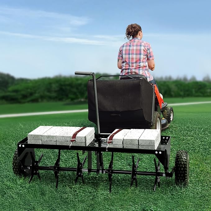 VEVOR Tow Behind Plug Aerator, 40-Inch Tow Behind Lawn Plug Aerator with Universal Hitch, Pull Behind Aerator with Iron Spikes Alternately Arranged, Lawn Aerator Tow Behind for Gardens, Lawns, Farms