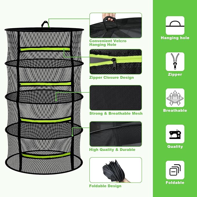 Herb Drying Rack Hanging-4 Layer, Plant Drying Rack, Bud Drying Net,Foldable Hanging Dry Rack Net with Green Zipper, Garden Shears & Hooks, for Herbs, Seeds Indoor/Outdoor (23.62")