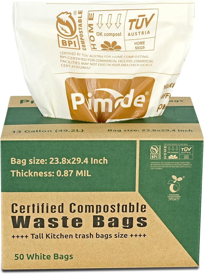 Primode Compostable Bags, 13 Gallon Food Scraps Yard Waste Bags, 50 Count, Extra Thick 0.87 Mil. ASTMD6400 Compost Bags Small Kitchen Trash Bags, Certified By BPI And TÜV AUSTRIA