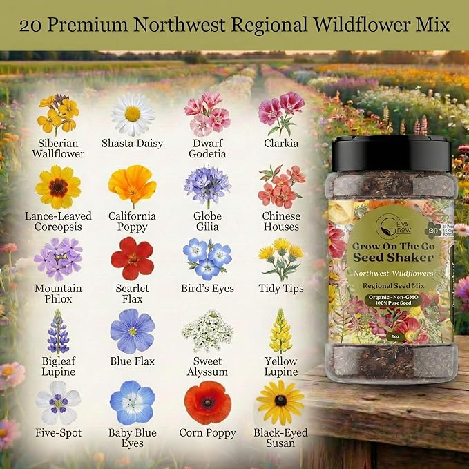 Geva Grow on the Go Seed Shaker - Northwest Wildflower Seeds Regional Mix - Organic, Non-GMO - 100% Pure Seed - 20 Different Wildflowers Seeds of Annual and Perennial, 2oz