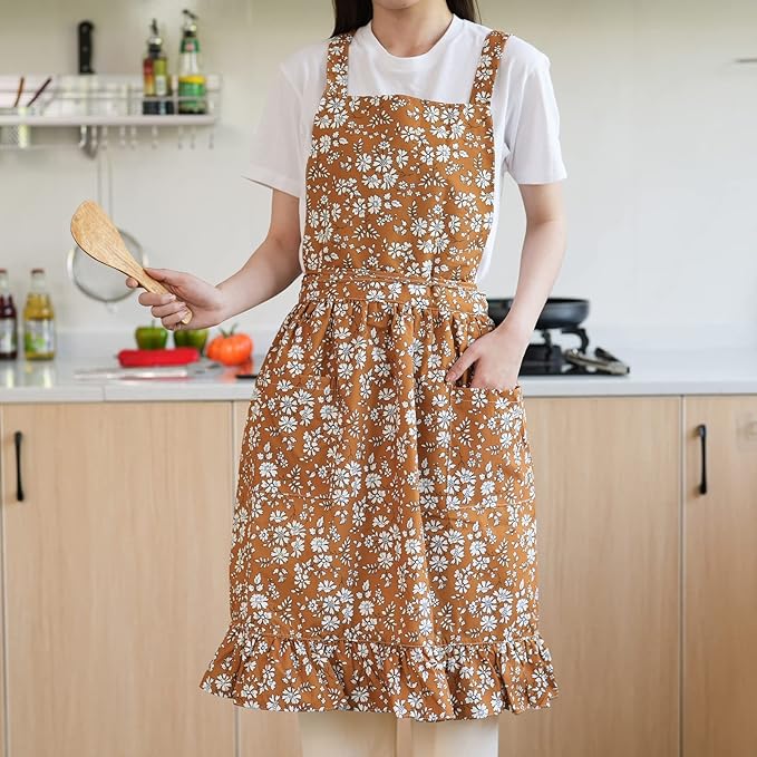 Vintage Pinafore Apron Dress for Women with Pockets Cute Floral Chef Aprons for Kitchen Cooking Baking Gardening