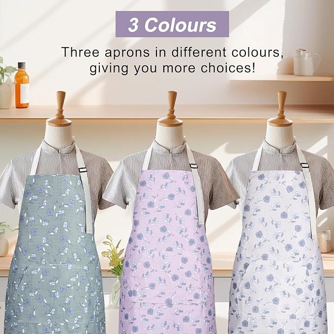 3 Pack Waterproof Floral Aprons for Women, Adjustable Strap Apronwith Pocket Multi-Use for Kitchen, Art, Garden