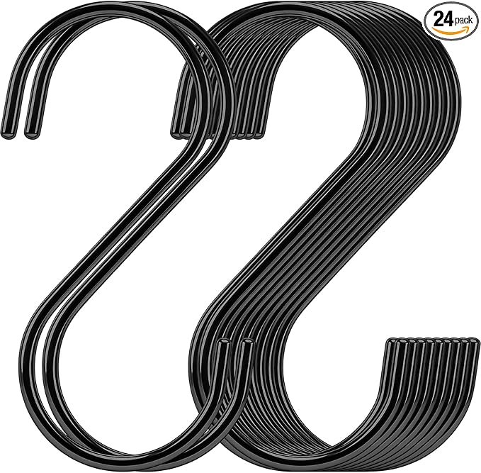 24 Pack 6 Inch Black S Hooks for Hanging Pots and Pans, Vinyl Coated Metal Kitchen Pot Rack Hooks Heavy Duty Hangers for Closet Jeans Utensils Coffee Mugs Plants
