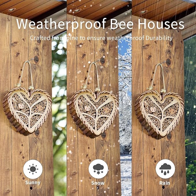 Mason Bee House, Heart-Shaped Wooden Bee House with Bamboo Tubes, Nesting Aid for Wild Bees, Natural Hanging Habitat for Pollinators, Increases Productivity in Your Garden, Brown