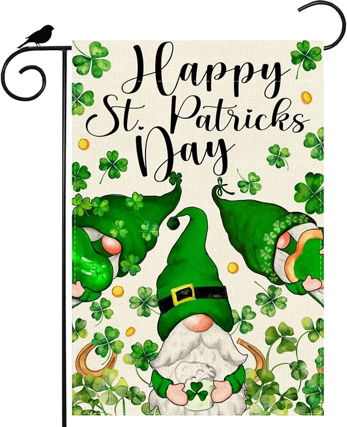 Gnomes Green Shamrocks Clovers St. Patrick's Day Garden Flag 12x18 Inch Double Sided Small Mini Yard Flag Outdoor Outside Holiday Party Decoration