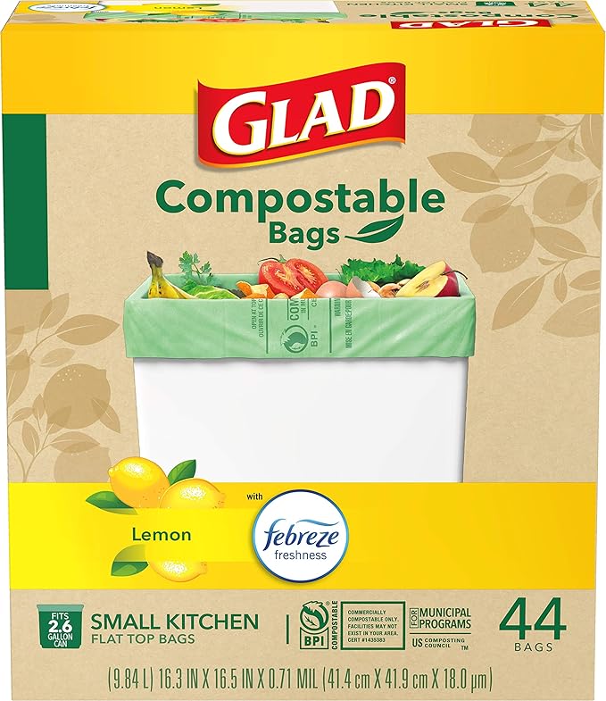 Glad Trash Bags, Kitchen Compost Bags 2.6 Gallon Garbage Bags, 100% Compostable Bag, Febreze Lemon, 44 Count (Package May Vary), Light Yellow