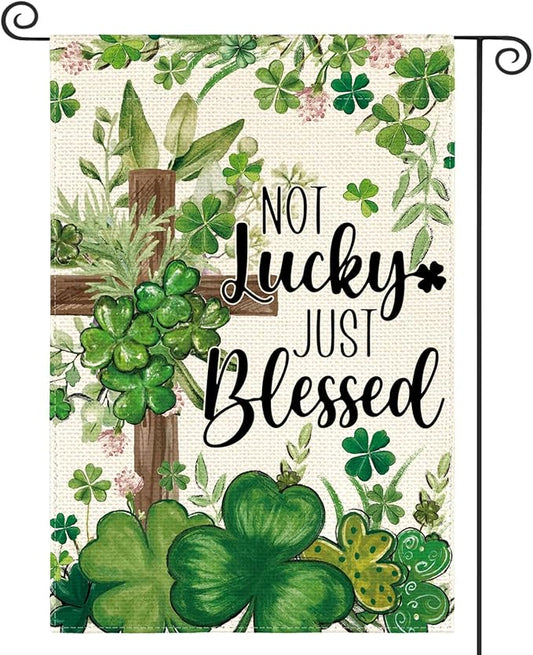 AVOIN colorlife St Patricks Day Garden Flag 12x18 Inch Double Sided Outside, Not Lucky Just Blessed Shamrocks Clovers Cross Yard Outdoor Flag