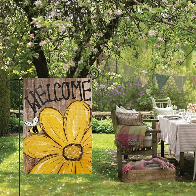 AVOIN colorlife Bee Sunflower Spring Summer Garden Flag 12x18 Inch Double Sided Outside, Welcome Wood Grain Yard Outdoor Flag