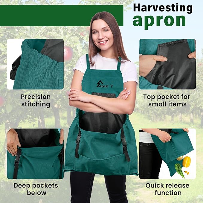 Garden Apron, Gardening Apron with Pockets for Women Men, Canvas Cross Back Harvest Aprons with & Internal Drawstring Bag