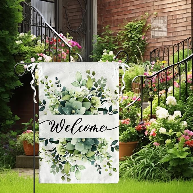 Spring Summer Welcome Garden Flags 12x18 Inch Double Sided Green Eucalyptus Leaves Floral Garden flag Seasonal Yard Flags for Outside Decorations Banner for Outdoor Farmhouse Yard