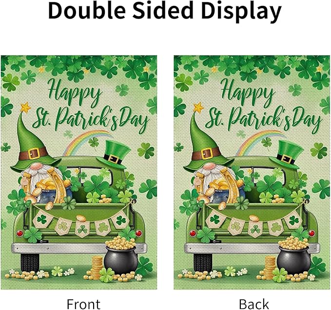 12x18 Inch St Patricks Day Garden Flag Double Sided, Gnome & Clovers Yard Flag for Outdoor Decoration