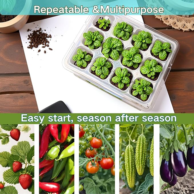 Seed Starter Tray,5-Pack Reusable Silicone Seed Starter Tray with 5 Base Trays,Foldable Design for Easy Transplanting,Indoor Gardening Supplies for Vegetables, Flowers & Herbs,60 Cells Total