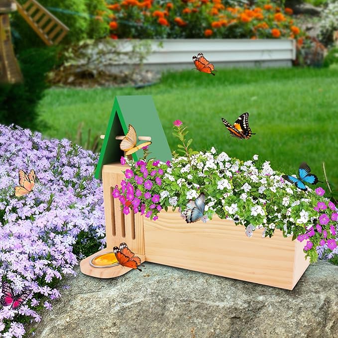 Butterfly House and Feeder with Flower Pot, Wooden Butterfly House for Garden, 3 in 1 with Drainage Holes, Natural Butterfly Habitat for Garden Decoration