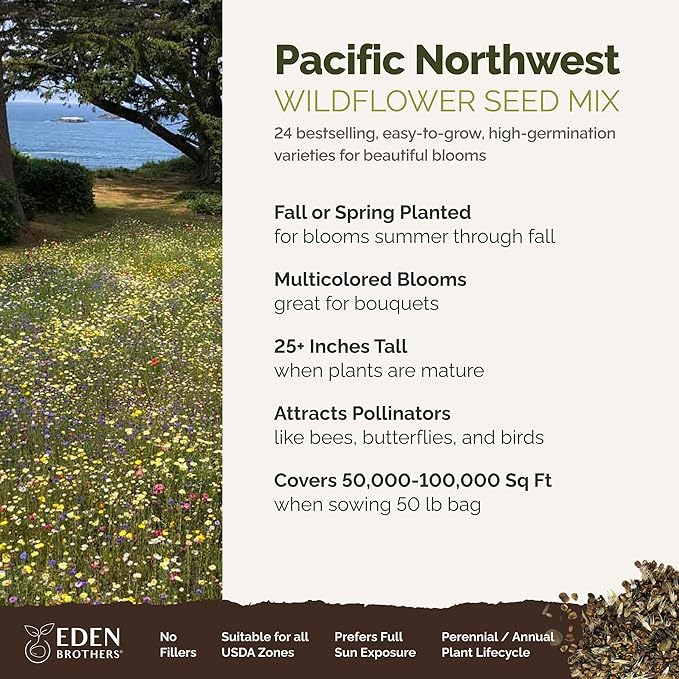 Eden Brothers Pacific Northwest Wildflower Mixed Seeds for Planting, 50 lb, 24,000,000+ Seeds with Cornflower, CA Bluebell, Attracts Pollinators, Plant in Spring or Fall, Zones 3, 4, 5, 6, 7, 8, 9, 10