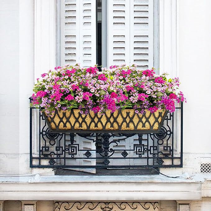 6 Pack 30 Inch Window Boxes Planters Railing Planter Box with Adjustable Brackets for Porch Fence Patio Balcony Hanging Flower Baskets with Coco Liners for Outdoor Garden Decor - Black