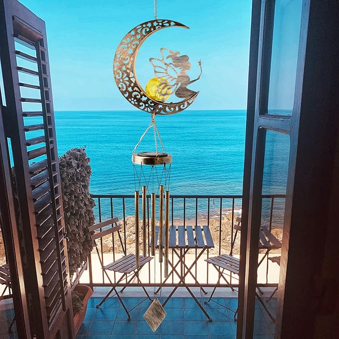 Solar Wind Chimes Moon Fairy Hanging Outdoor Decor Crackle Glass Ball Warm Memorial Wind Chimes Light Patio Lawn Yard Gardening Gift for mom for Grandma Gifts Christmas Decorations