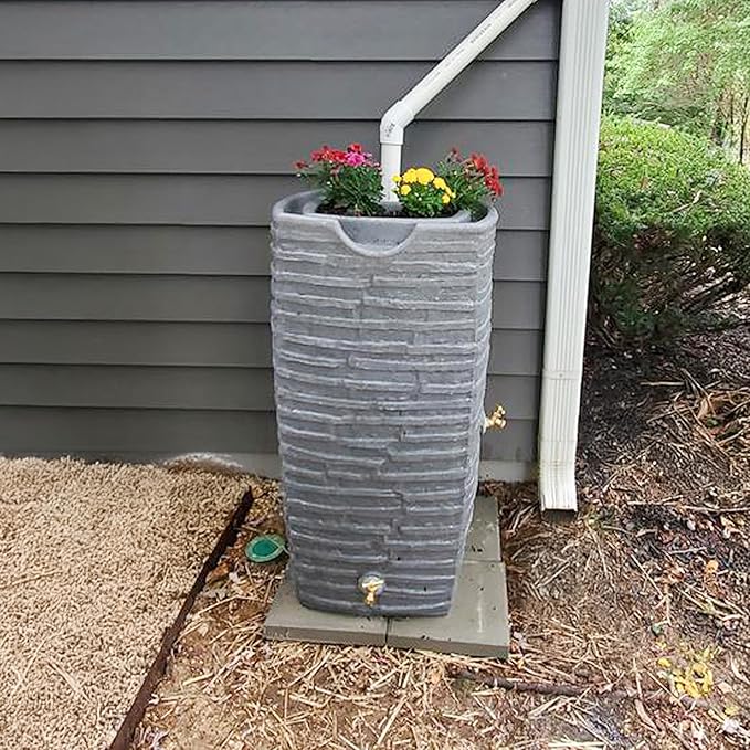 Good Ideas Impressions Riverwalk 50 Gallon Faux Slate Surface Dual Spigot Rain Barrel with 2 Brass Spigots and Screen, Dark Granite (2 Pack)