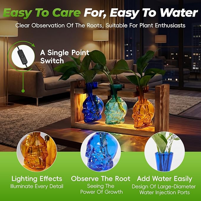 Skull Plant Propagation Station with LED Lights - Halloween Decor Skull Planter, Hydroponics Pot for Office, Unique Gifts for Women & Plant Lovers(3*Mixed Color)