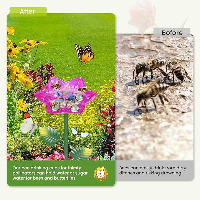4 Pack Bee Watering Station Metal Butterfly Bee Water Feeder Cup, Maansfy Vivid Flower Butterfly Bath Bowl Bee Watering Cups for Thirsty Pollinators Outdoor Garden Yard Decor