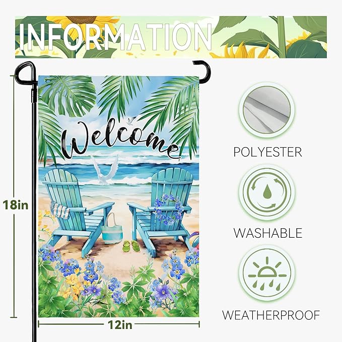 Summer Beach Welcome Garden Flag Nautical Hawaii Coconut Tree Garden Flags Double Sided 12 x 18 Coastal Tropical Yard Flags for Outside Palm Flowers Small Flag Outdoor Decor