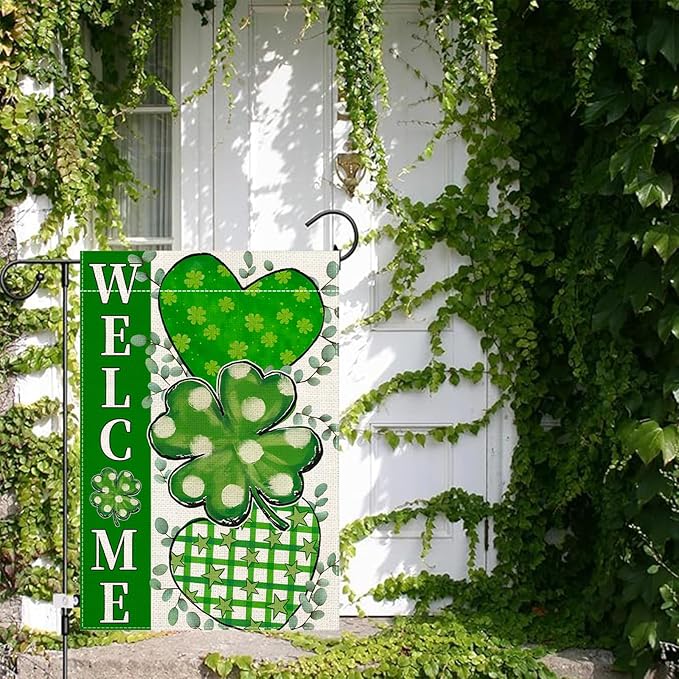 St. Patrick's Day Garden Flag 12x18 Inch Double Sided for Outside Green Clover Heart Small Burlap welcome Holiday Outdoor Lawn Farm House Yard Flag Decor