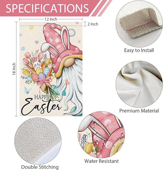 Heyfibro Happy Easter Bunny Gnome Garden Flag 12x18 Double Sided Burlap, Cute Rabbit & Egg Floral Outdoor Yard Banner for Spring Holiday Farmhouse Yard Outdoor Decor(ONLY FLAG)
