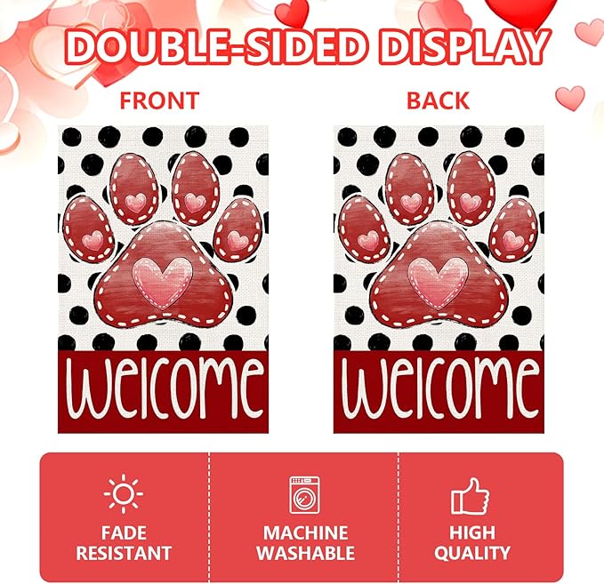 Valentines Garden Flag 12x18 Inch, Paw Print Heart Double Sided Flag for Anniversary Wedding Yard Outdoor Decoration