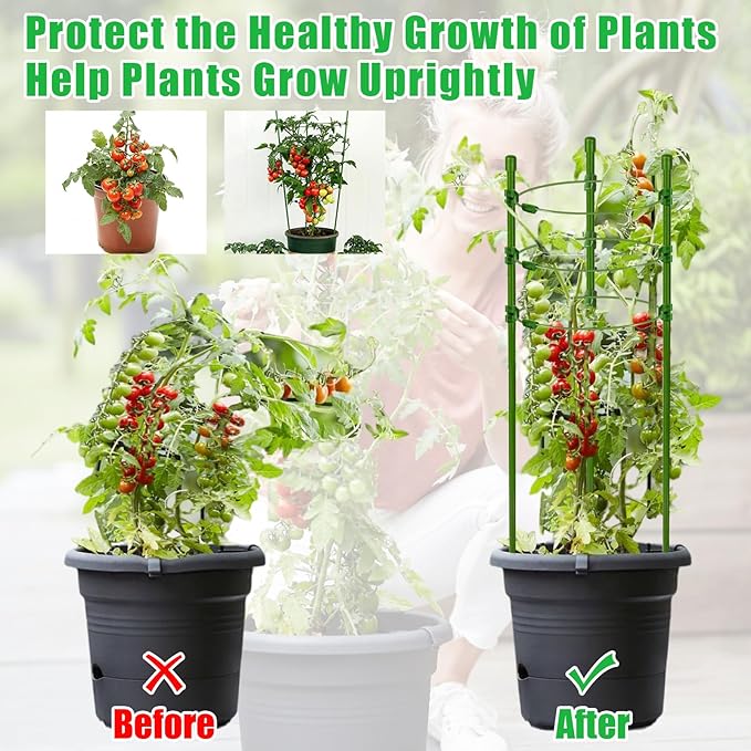 Legigo 6 Pack 36 Inch Plant Support Cages Tomato Cage for Garden- Plant Cages Adjustable Rings, Tomato Plant Support Stakes Trellis for Pots, Peppers, Cucumbers and Flowers with 10 Plant Clips