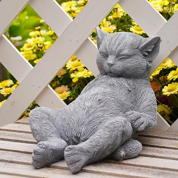 Cat Memorial Stone Garden Statue, Pet Statue Gifts for Loss of Cat Sympathy, Grave Markers for Garden Outdoor Decor, 9.8” L Weatherproof Lazy Tabby Figurine, Outdoor Patio Accent Yard Decoration