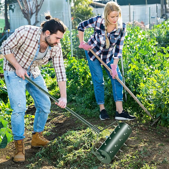 Goplus Rolling Lawn Aerator, 18-Inch Garden Yard Rotary Push Tine Filled Sand Stone, Heavy Duty Spike Soil Aeration w/Metal Handle, Fillable Drum 51" Manual Lawn Aeration Tool Garden Grass Patio Yard