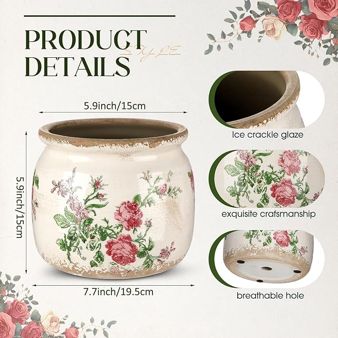 7.7" Large Ceramic Plant Pot Beige Red Romantic Rose Crackle Glaze Rustic Flowers Pot Decorative Planter with Drainage for Indoor Outdoor Plants Home Kitchen Office Decor Gift